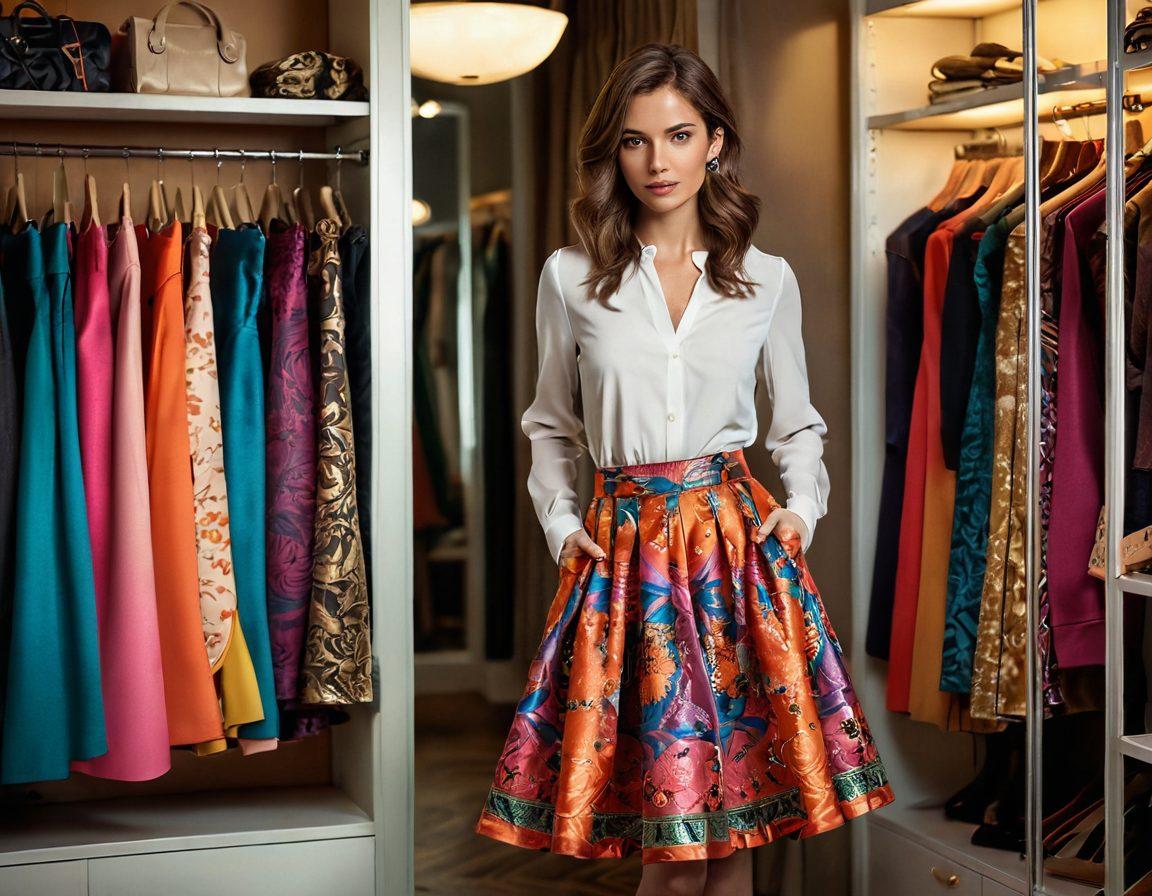 A stylish woman standing confidently in front of an open wardrobe brimming with vibrant, alluring skirts of various textures and patterns. The scene captures her reflection in the mirror, showcasing her stylish outfit paired with a seductive skirt that exudes elegance. Soft, warm lighting creates an inviting atmosphere that enhances the allure of the skirts hanging around. The background features hints of fashion accessories, adding to the overall chic vibe. super-realistic. vibrant colors. warm lighting.